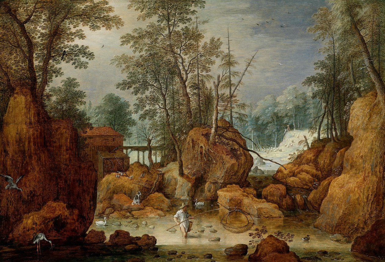 一位渔夫在一条树木繁茂的风景的一条河 作者 马丁·雷卡特（Marten Ryckaert）