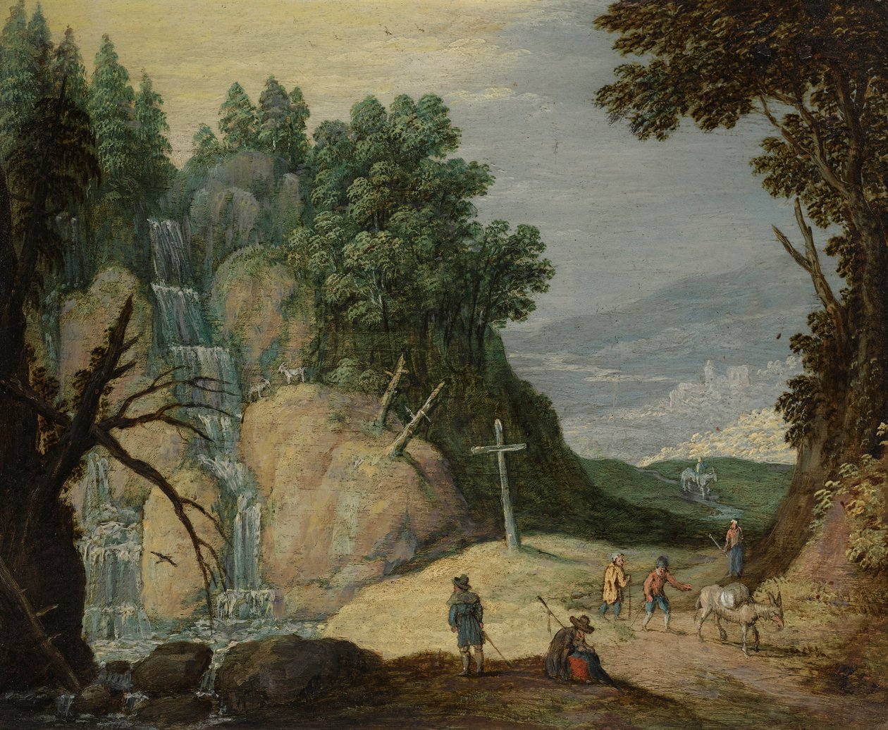 与瀑布和旅客的一个岩石风景路径的 作者 马丁·雷卡特（Marten Ryckaert）