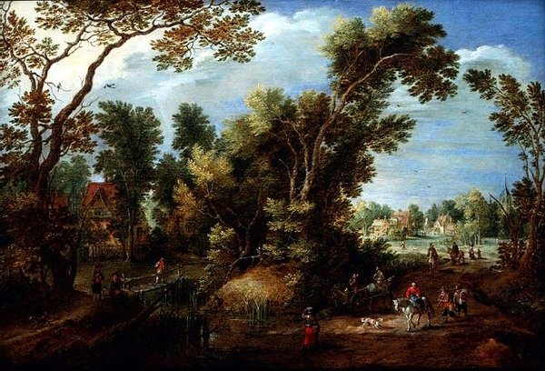 树木繁茂的河流景观与人物 作者 马丁·雷卡特（Marten Ryckaert）