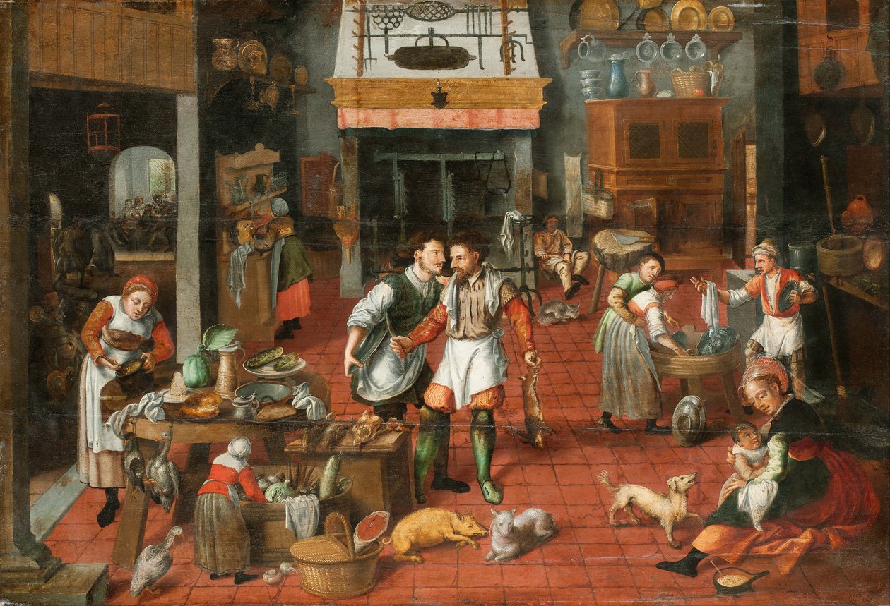 厨房内部，约1565年。 作者 Marten van Cleve the Elder