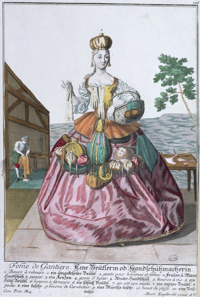 手套制造者的妻子，1735（彩色雕刻） 作者 马丁·恩格布雷希特