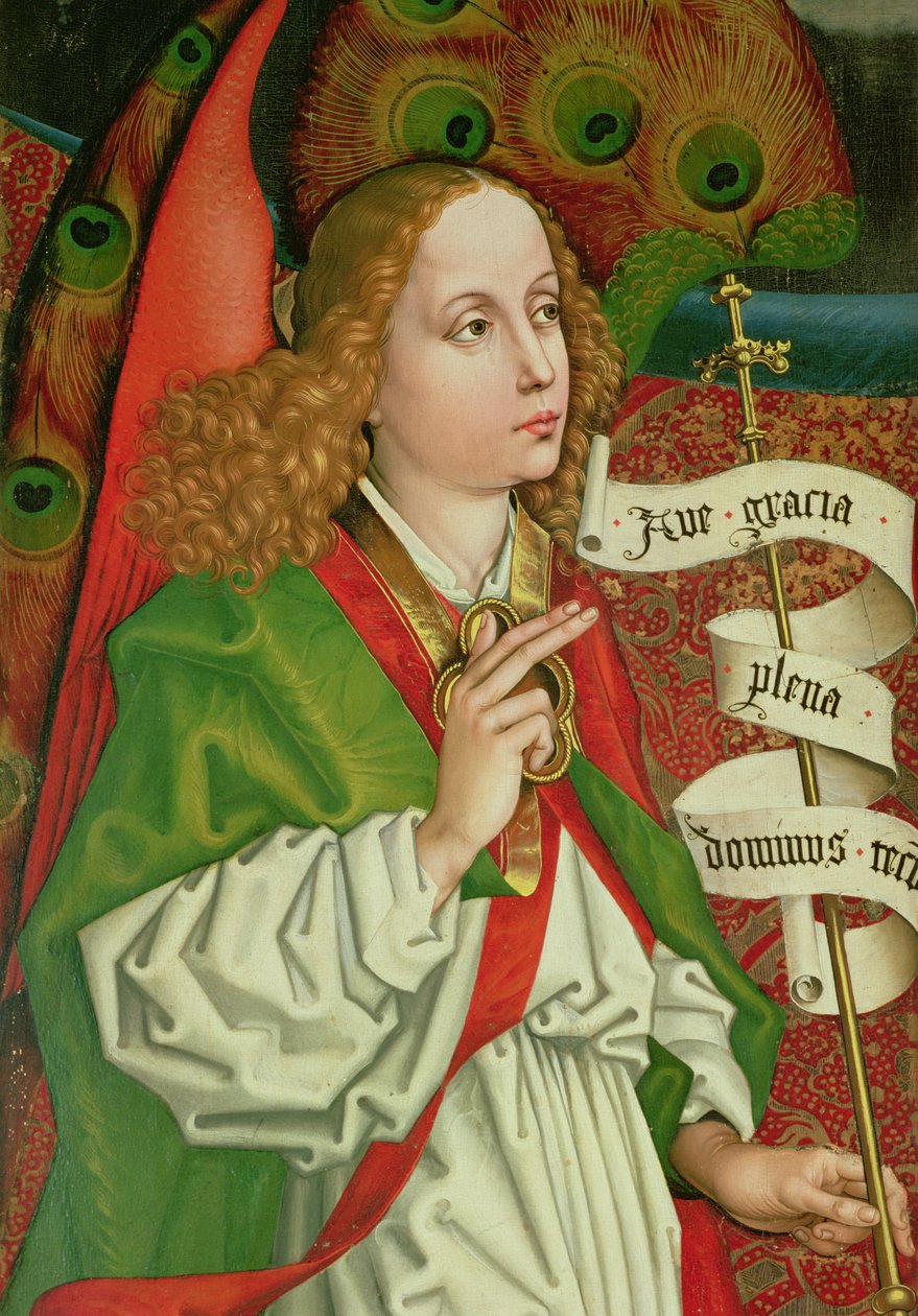 天使加百利的细节，来自天使报喜，来自Orlier Altarpiece，c.1468-70 作者 马丁·尚高