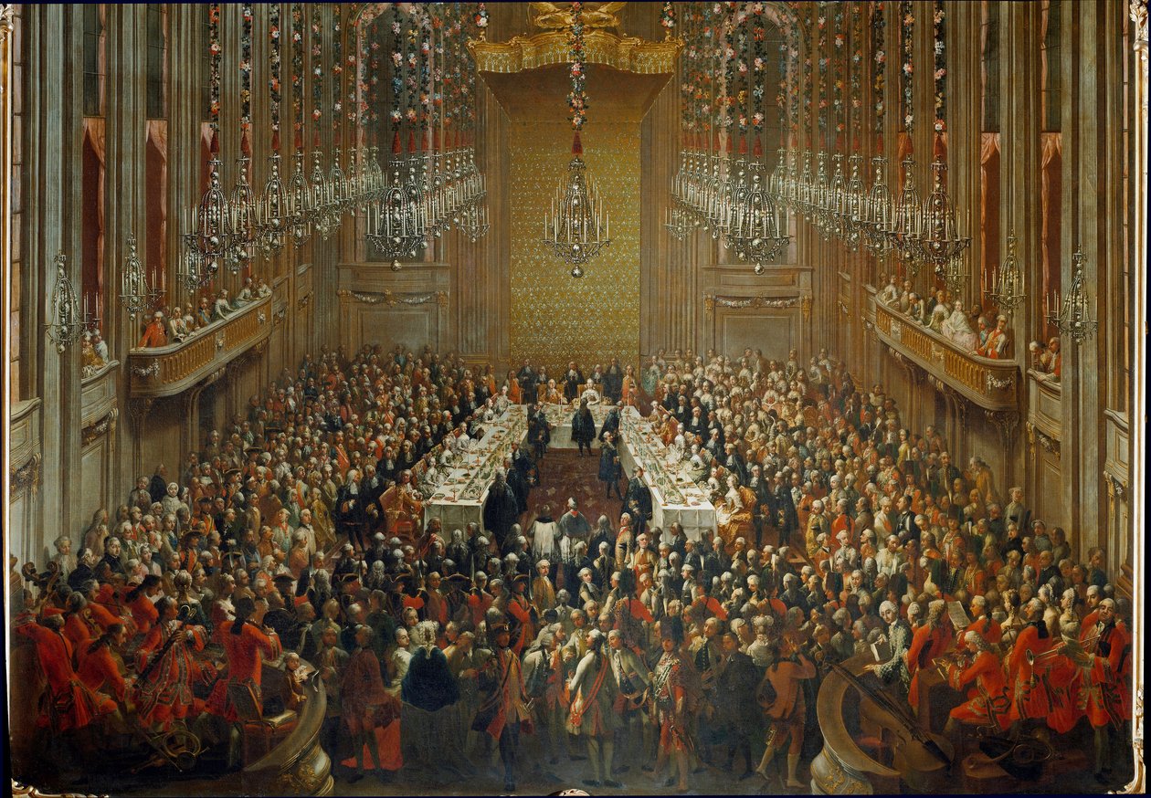 1760 年 6 月 10 日约瑟夫二世皇帝和帕尔马伊莎贝拉的婚礼宴会。 莫扎特站在管弦乐队中 作者 马丁（和工作室）迈滕斯（Metens）或迈滕斯（Meytens）