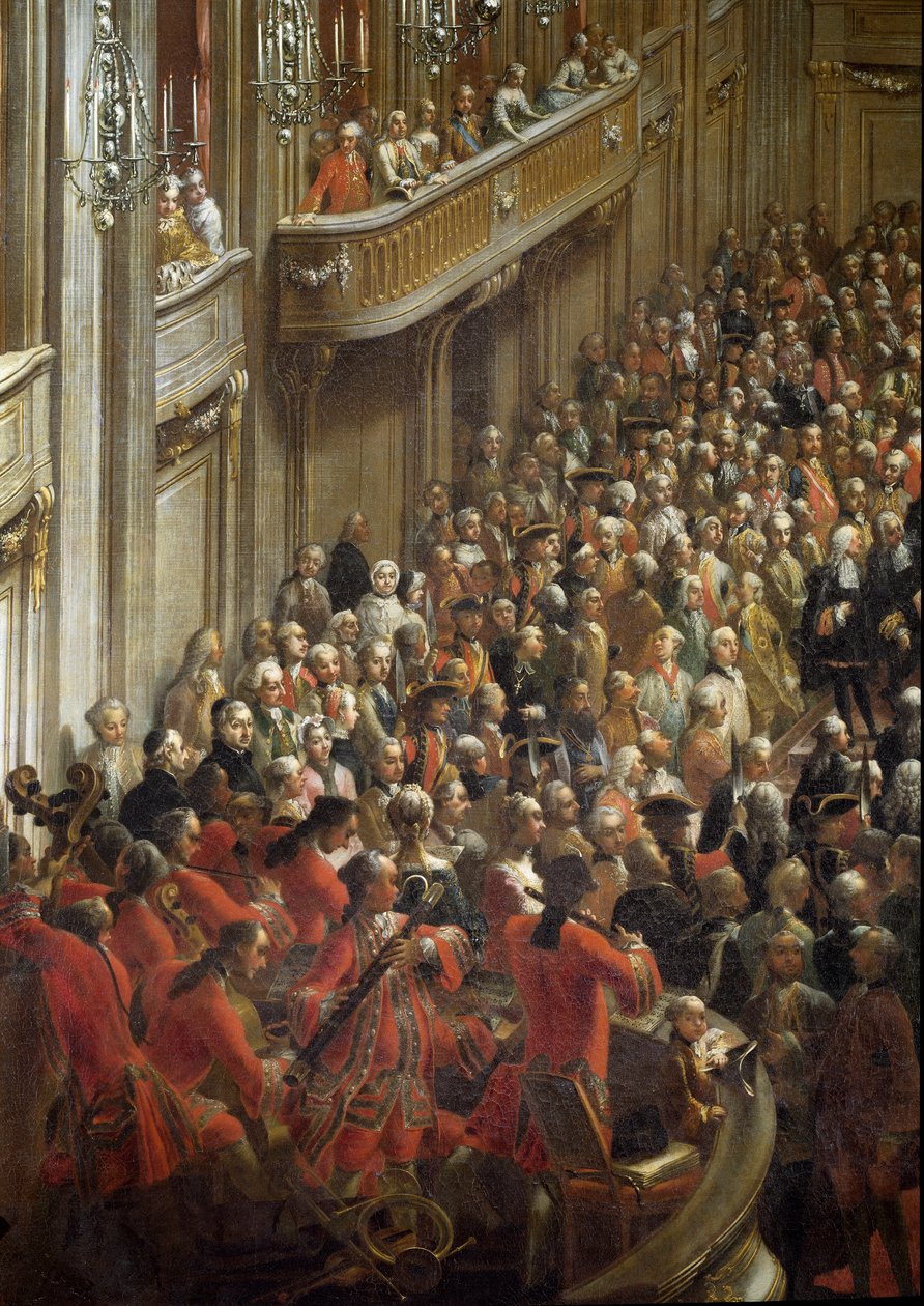 Mozart child near the musicians. detail of Official banquet for the wedding of Princess Isabella of Parma with Emperor Joseph II (Painting 作者 马丁（和工作室）迈滕斯（Metens）或迈滕斯（Meytens）