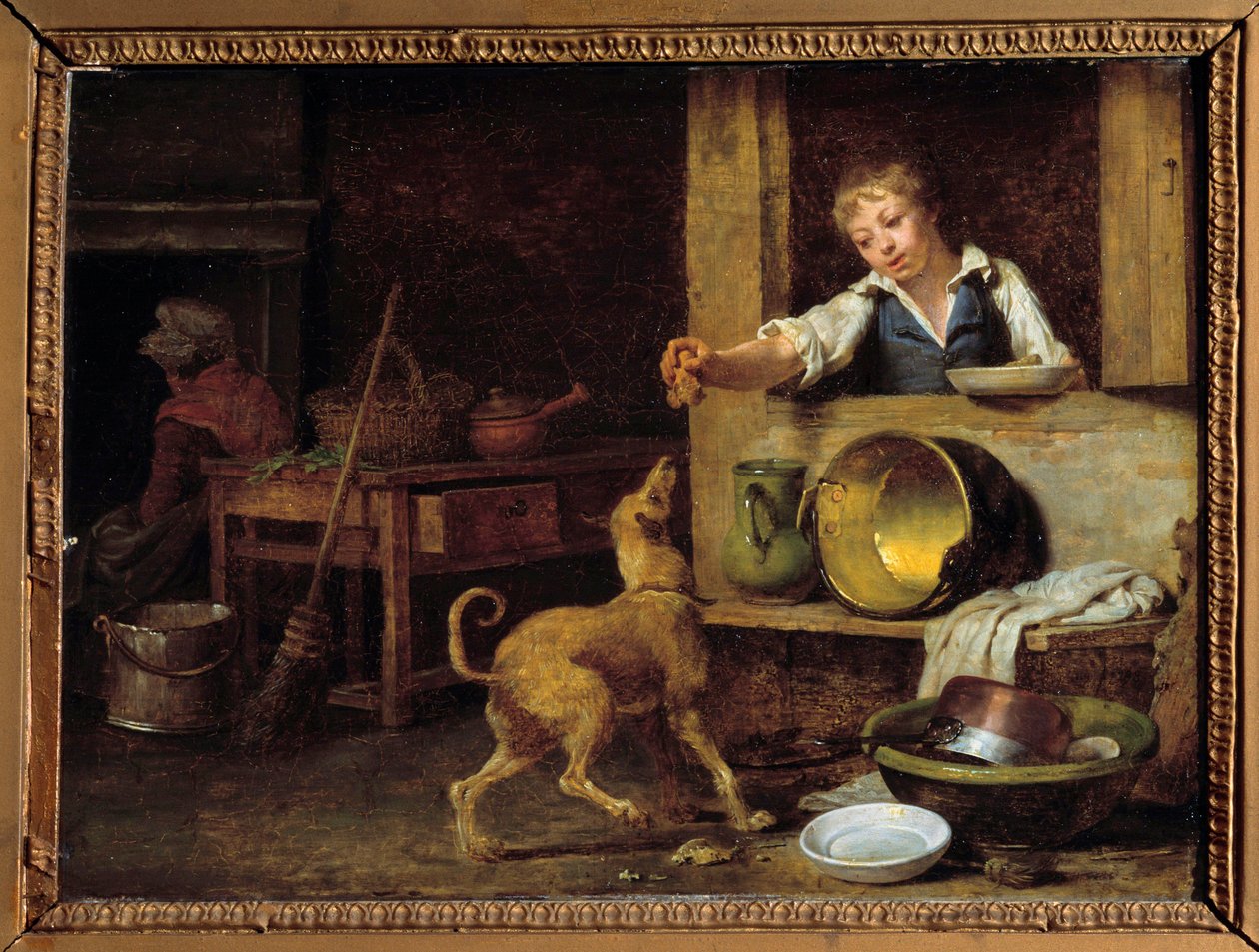 厨房内部 一个年轻的仆人把剩菜给了狗。 Martin Drolling (1752-1817) 的画作，19 世纪奥尔良，美术博物馆 作者 马丁·德洛林