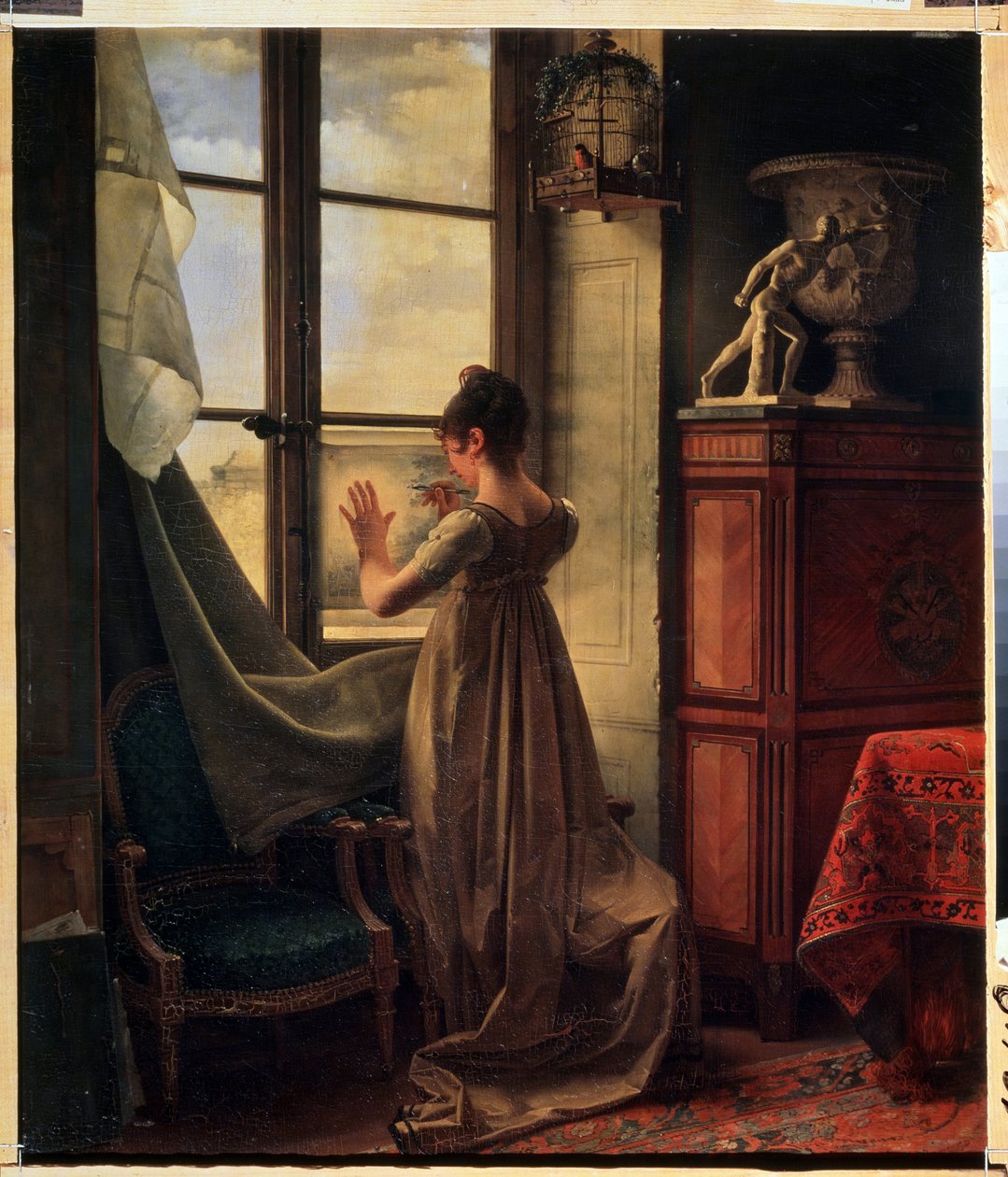 "画家的女儿在临摹素描 画中的少女背对玻璃窗，解开衣领，正在临摹素描。马丁-德林格（1752-1817 年）的画作 1812 Muse 作者 马丁·德洛林