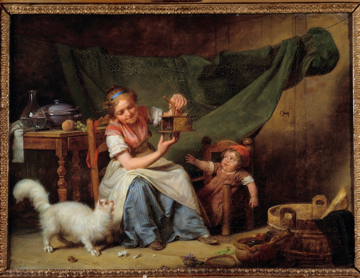 女人和老鼠 一个女孩在猫和一个婴儿面前拿着一个捕鼠器。 Martin Drolling (1752-1817) 1798 年作画。 0,25x0,35 m 奥尔良。 美术博物馆 作者 马丁·德洛林