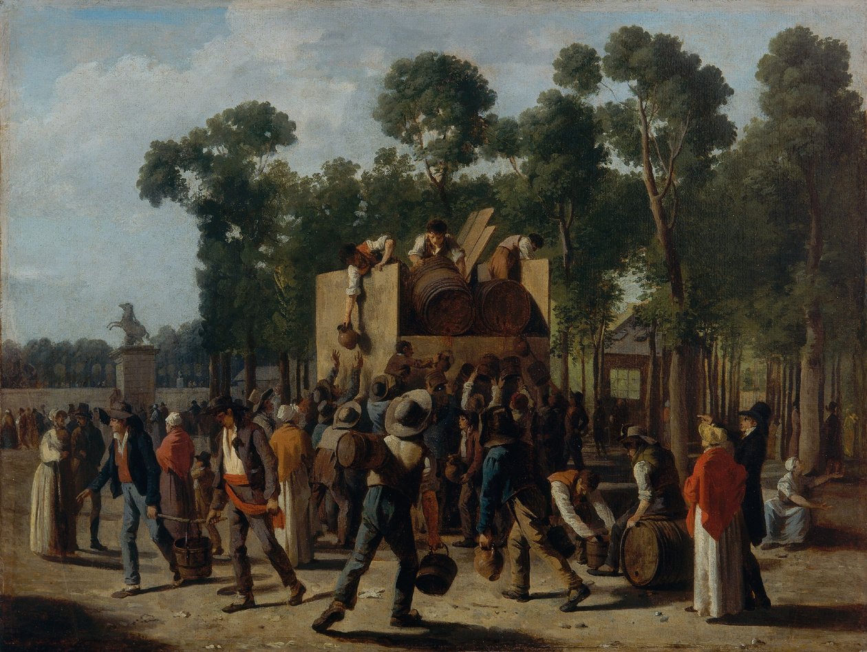 香榭丽舍大街上的葡萄酒配送，约 1795 年（纸面油画，裱在画布上） 作者 马丁·德洛林