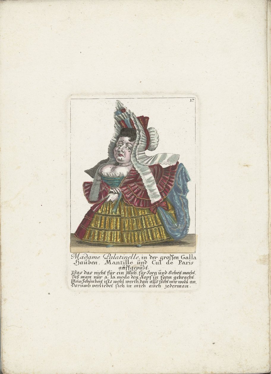 De Franse dwerg Madame Palatinelle，约 1710 年
Palatinelle 夫人，在伟大的 Galla Hauben、Mantille 和 Cul de Paris auffgepützt（物品上的标题）
Il Callotto resurcitato oder Neu eingerichtes Zwerchen Cabinet（系列名称） 作者 马丁·恩格尔布雷希特（归因于）