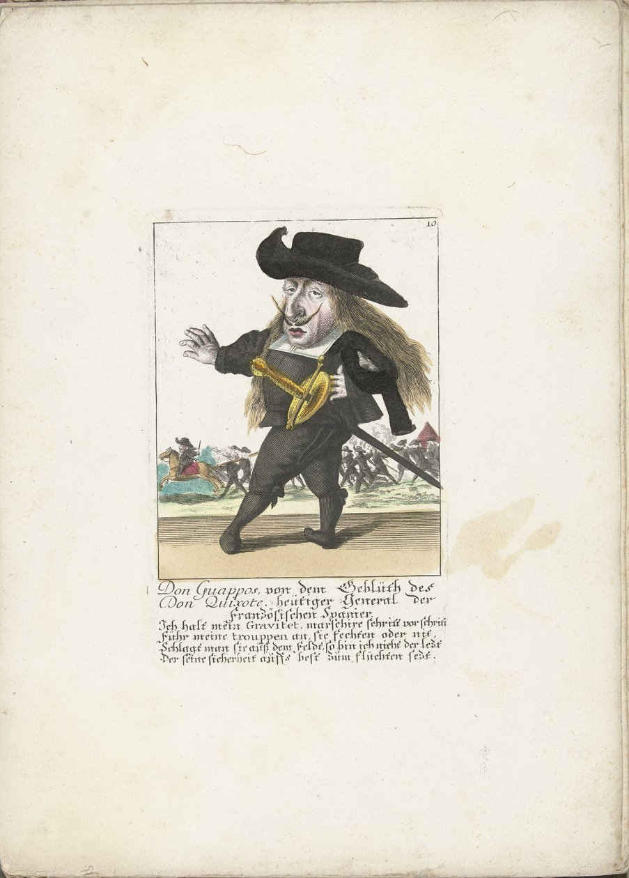 De Spaanse dwerg Don Guappos，约 1710 年
堂吉诃德血统的堂-瓜波斯，现任法国西班牙将军（物品上的标题）
Il Callotto resurcitato oder Neu eingerichtes Zwerchen Cabinet（系列名称） 作者 马丁·恩格尔布雷希特（归因于）