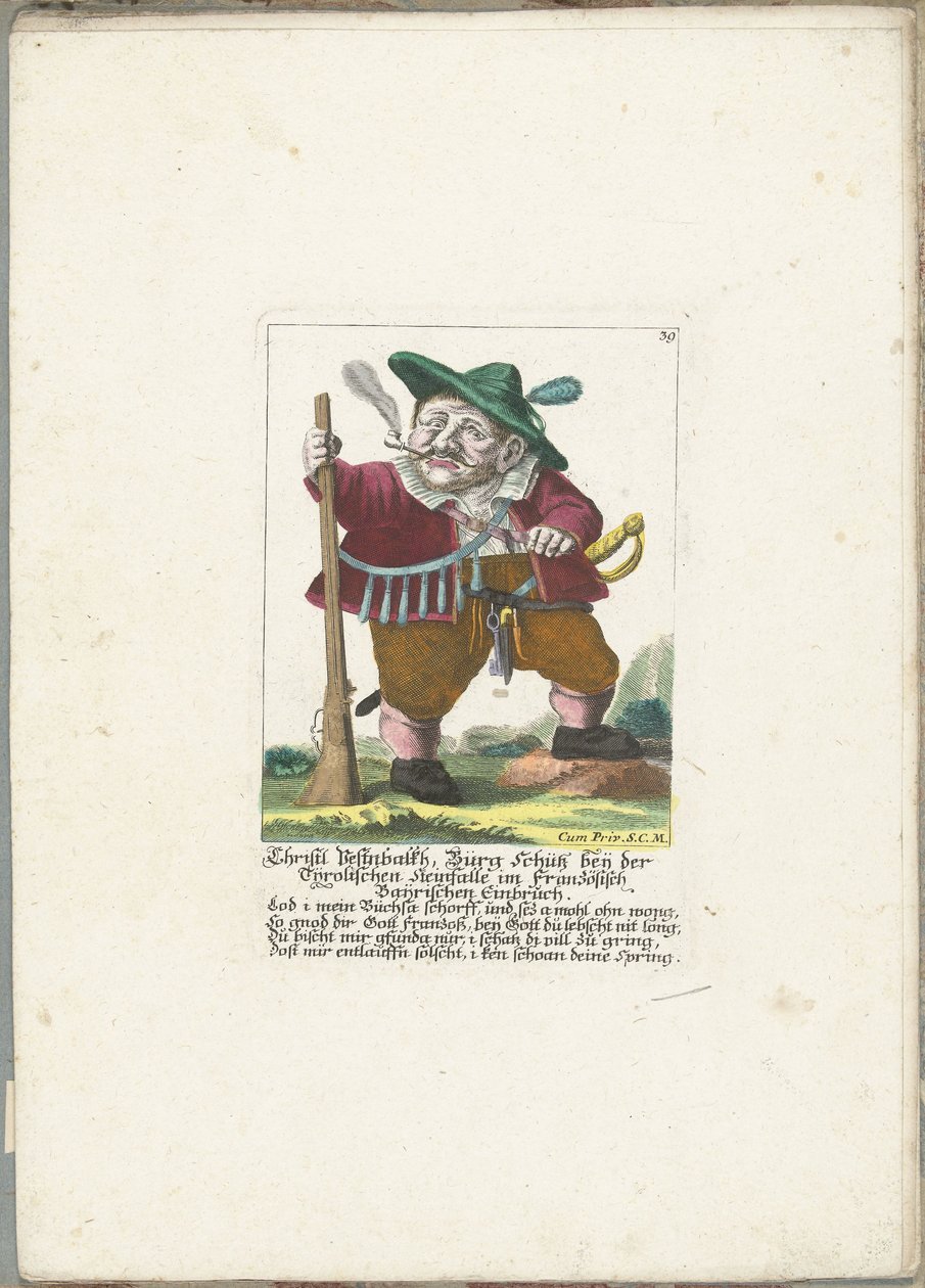 De dwerg Christl Vestnbalkh，约 1710 年
Christl Vestnbalkh, Bürg Schütz beij der Tijrolischen Steinfalle im Französisch Baijrischen Einbruch（物品上的标题）
Il Callotto resurcitato oder Neu eingerichtes Zwerchen Cabinet（系列名称） 作者 马丁·恩格尔布雷希特（归因于）