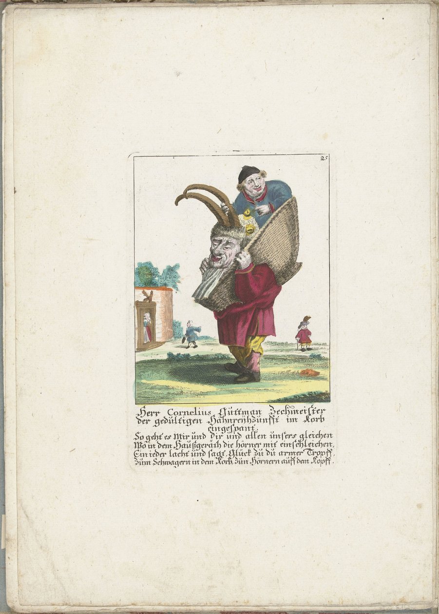De dwerg Cornelius Guttman als hoorndrager，约 1710 年
科尼利厄斯-古特曼先生 Zechmeister der gedultigen Hahnreijhzunfft im korb eingespant（物品上的标题）
Il Callotto resurcitato oder Neu eingerichtes Zwerchen Cabinet（系列名称） 作者 马丁·恩格尔布雷希特（归因于）