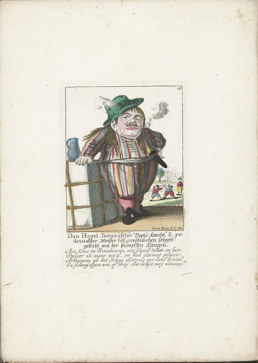 De dwerg Dan Hagel als een Hollandse bootsknecht，约 1710 年
Dan Hagel，巴达维亚船工，用钝刀片进行普通切割的大师（标题见实物）
Il Callotto resurcitato 或新装矮人小屋 作者 马丁·恩格尔布雷希特（归因于）