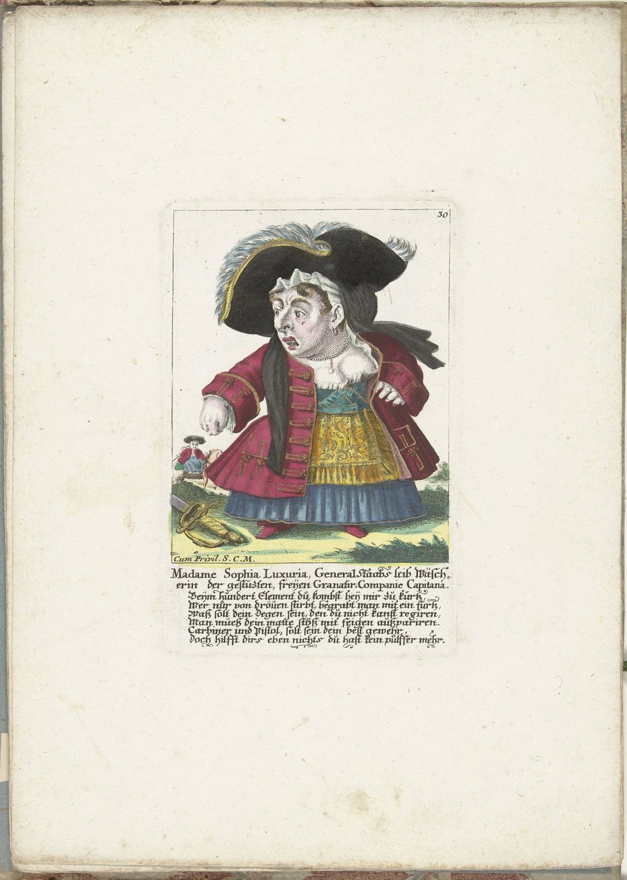 De dwerg 索菲亚-卢克苏里亚夫人，约 1710 年
索菲亚-卢克苏里亚夫人，斯塔布将军支持的免费 Granatir 公司 Capitana 的女洗衣工（物品上的标题）
Il Callotto resurcitato oder Neu eingerichtes Zwerchen Cabinet（系列名称） 作者 马丁·恩格尔布雷希特（归因于）