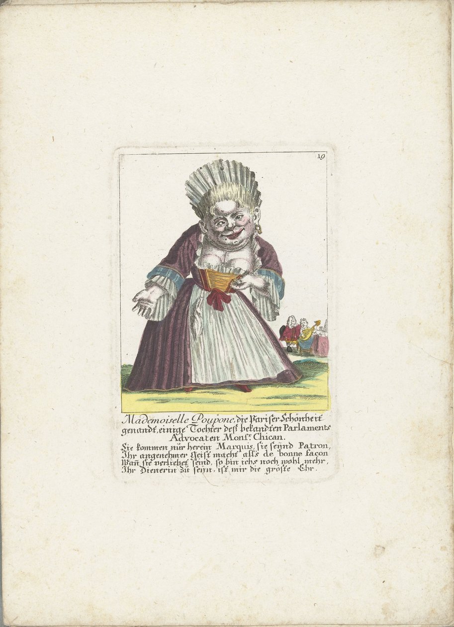 De dwerg Mademoiselle Poupon, als Parijse schone，约 1710 年
普蓬小姐，被称为巴黎美人，是著名的议会辩护律师奇坎先生的女儿。奇坎（物品上的标题）
Il Callotto resurcitato 或新装矮人小屋 作者 马丁·恩格尔布雷希特（归因于）