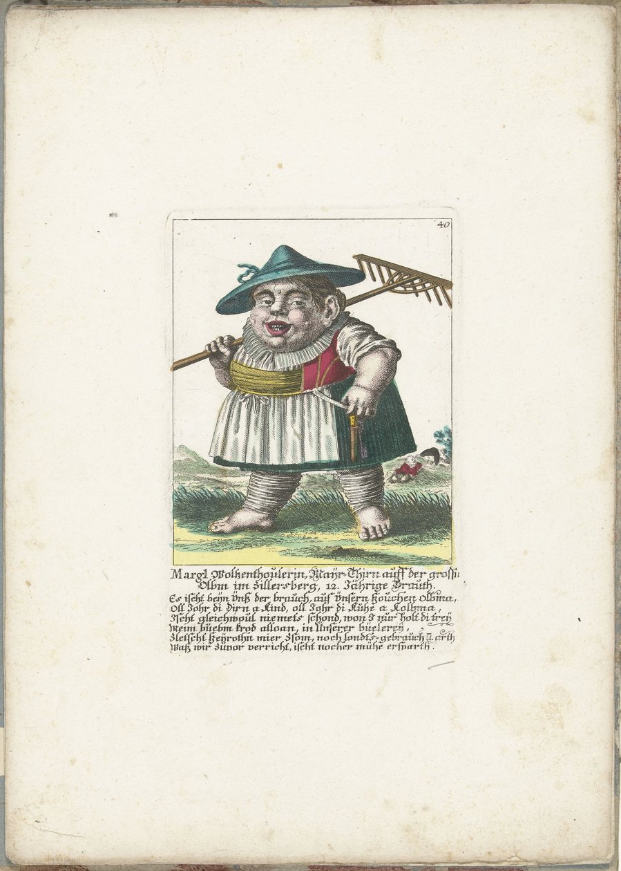 矮人 Margl Woltzenthoulerin，约 1710 年
Margl Woltzenthoulerin, Mayr-Thirn auff der grossn Olbm im Zillersberg, 12. Jährige Brauth（物品上的标题）
Il Callotto resurcitato oder Neu eingerichtes Zwerchen Cabinet（系列名称） 作者 马丁·恩格尔布雷希特（归因于）