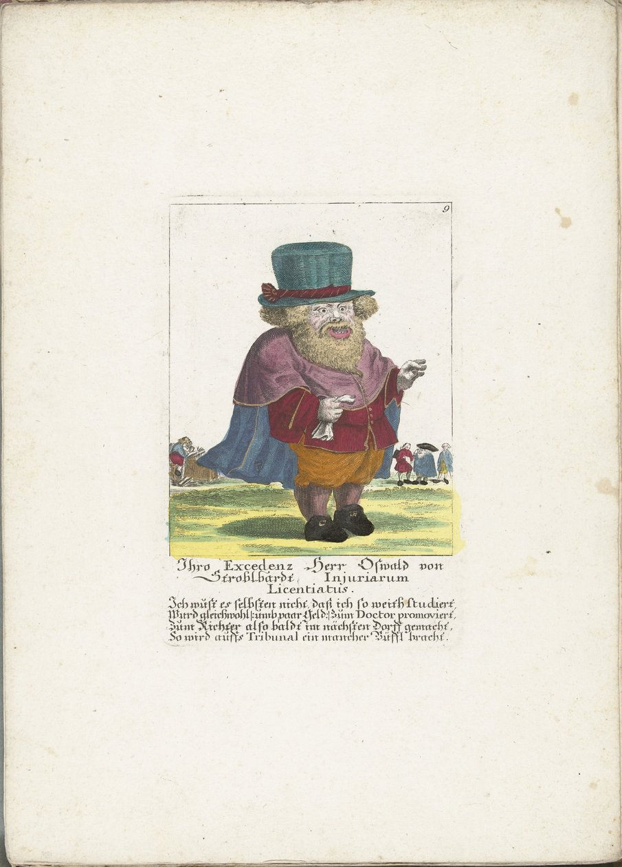 侏儒奥斯瓦尔德-冯-斯特罗布尔巴特，约 1710 年
Ihro Excedenz Herr Oswald von Stroblbardt Injuriarum Licentiatus（物品上的标题）
Il Callotto resurcitato oder Neu eingerichtes Zwerchen Cabinet（系列名称） 作者 马丁·恩格尔布雷希特（归因于）