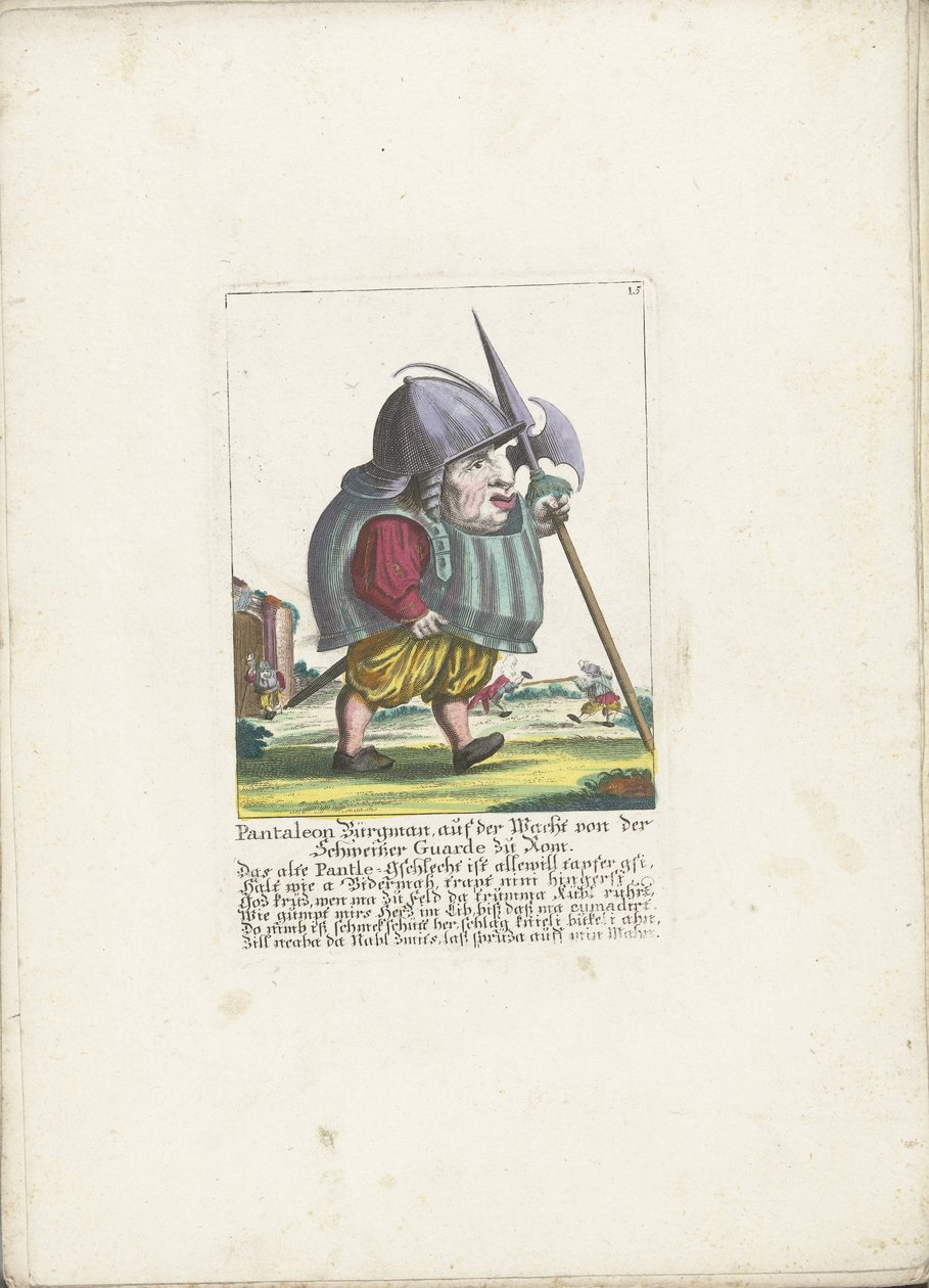 De dwerg Pantaleon Bürgman van de Zwitserse Garde te Rome，约 1710 年
Pantaleon Bürgman，罗马史怀哲卫队的卫兵（物品上的标题）
Il Callotto resurcitato oder Neu eingerichtes Zwerchen Cabinet（系列名称） 作者 马丁·恩格尔布雷希特（归因于）