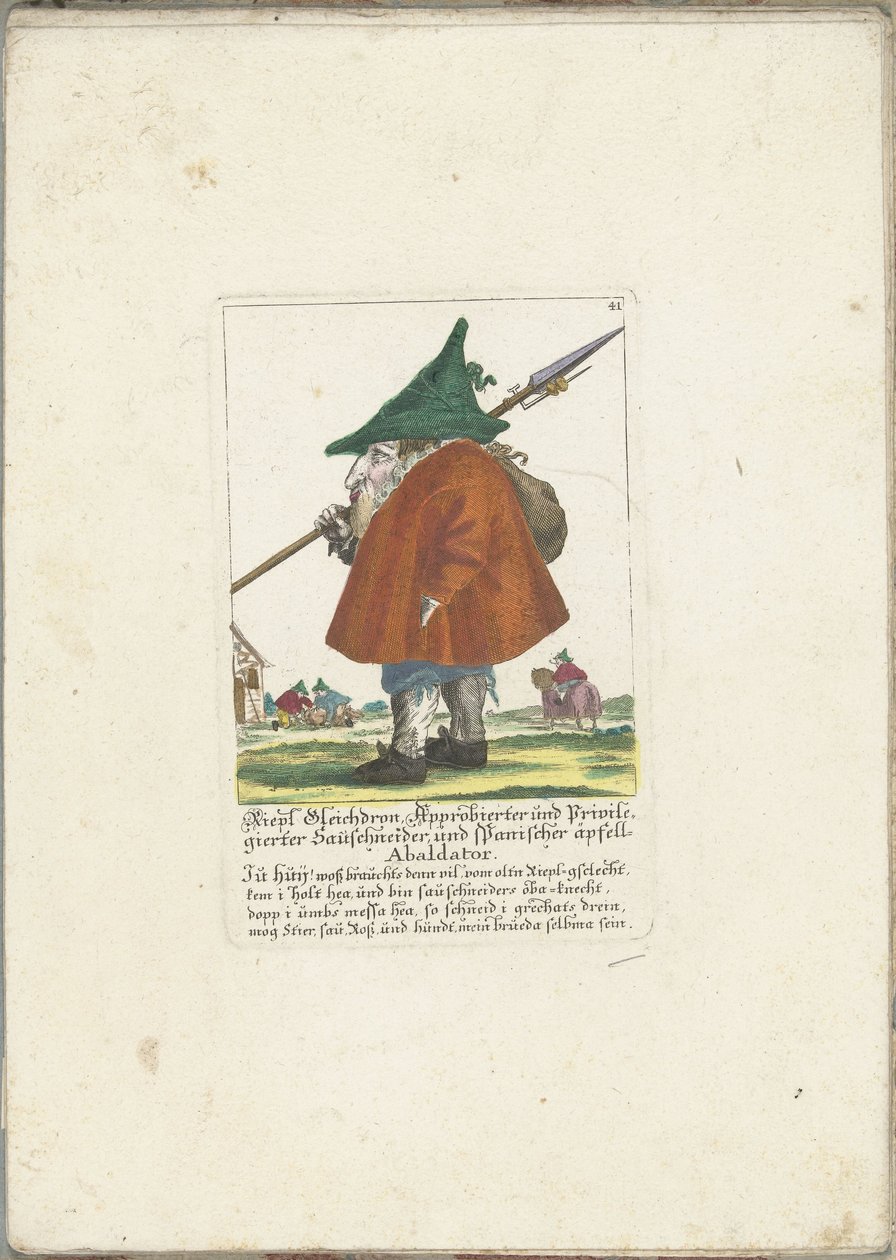 De dwerg Riepl Gleichdron，约 1710 年
Riepl Gleichdron, Approbierter und Privilegierter Sauschneider, und Spanischer äpfell-Abaldator （物品上的标题）
Il Callotto resurcitato oder Neu eingerichtes Zwerchen Cabinet（系列名称） 作者 马丁·恩格尔布雷希特（归因于）