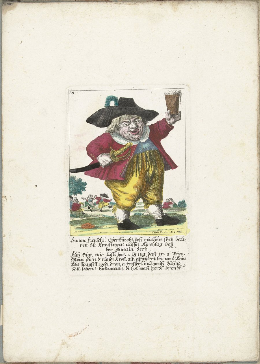 侏儒西蒙-弗伦施，约 1710 年
Simon Flenschl, Oberknecht deß reichen freij bauren zu Knolsingen auffm Kirchtag beij der Gmain Zech（物品上的标题）
Il Callotto resurcitato oder Neu eingerichtes Zwerchen Cabinet（系列名称） 作者 马丁·恩格尔布雷希特（归因于）