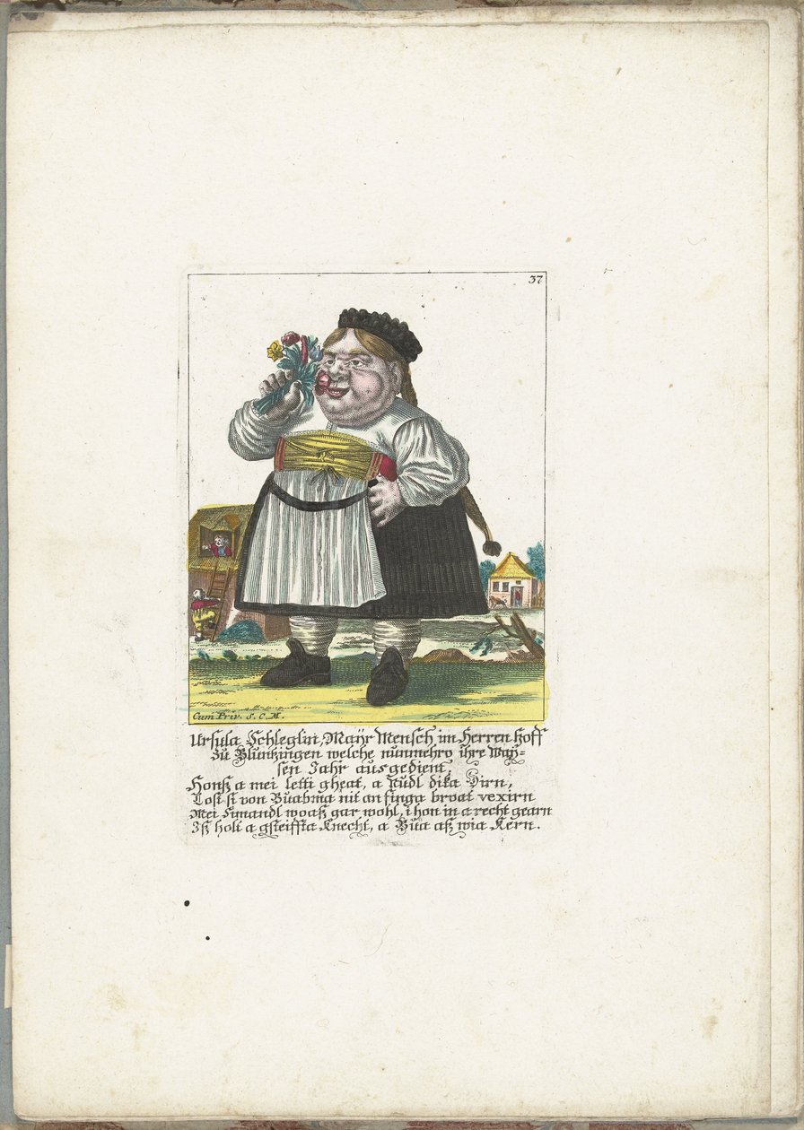德沃格-乌苏拉-施莱格林，约 1710 年
Ursula Schleglin, Maijr Mensch im Herren hoff zu Bluntzingen welche nunmehro ihre Waijsen Jahr ausgedient（作品名称）
Il Callotto resurcitato oder Neu eingerichtes Zwerchen Cabinet（系列名称） 作者 马丁·恩格尔布雷希特（归因于）