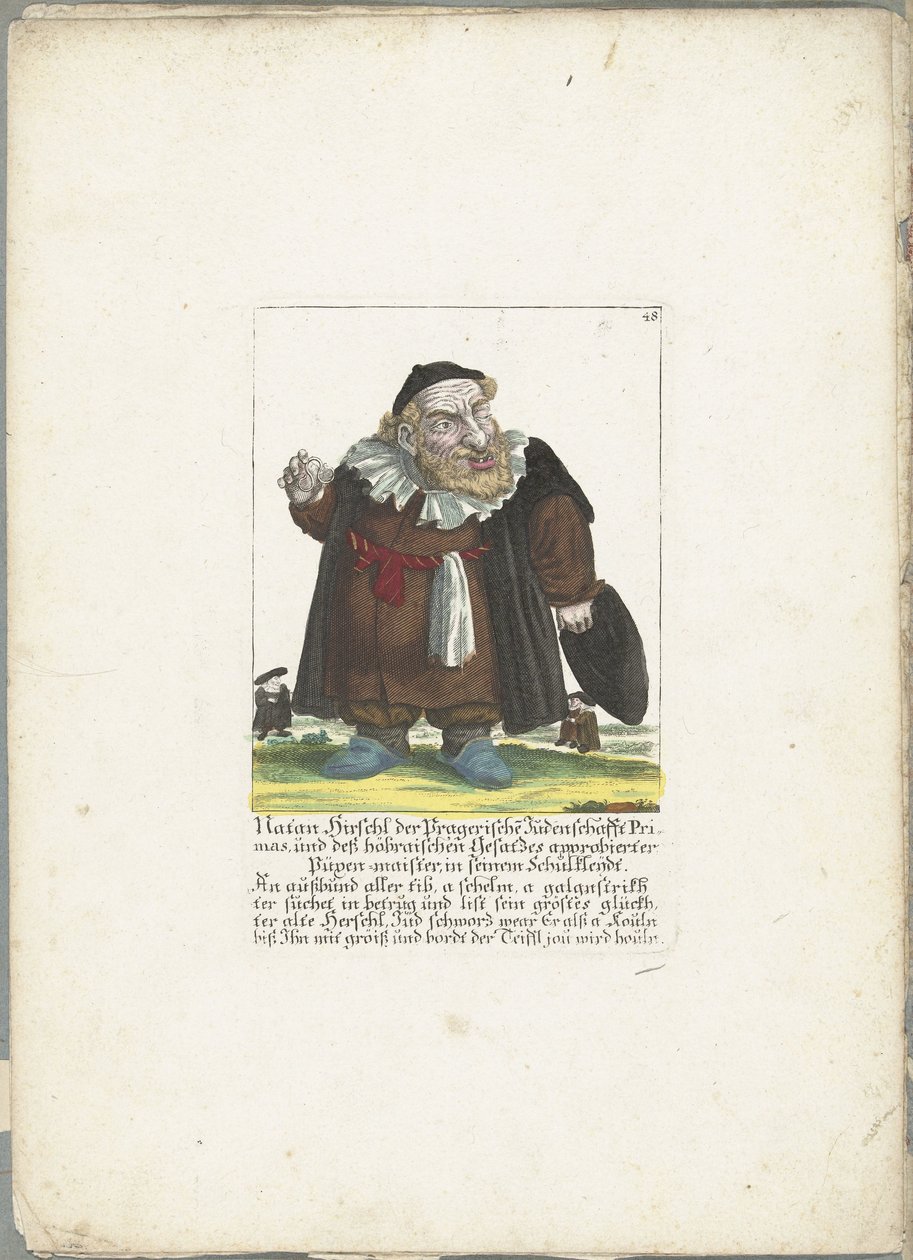 De joodse dwerg Natan Hirschl，约 1710 年
Natan Hirschl the Prague Judenschaft Primas, und deß höbraischen Gesatz approbierter Püpen-maister, in his Schulkleijdt (title on object)
Il Callotto resurcitato oder Neu eingerichtes Zwerchen Cabinet（书名号上的文字 作者 马丁·恩格尔布雷希特（归因于）