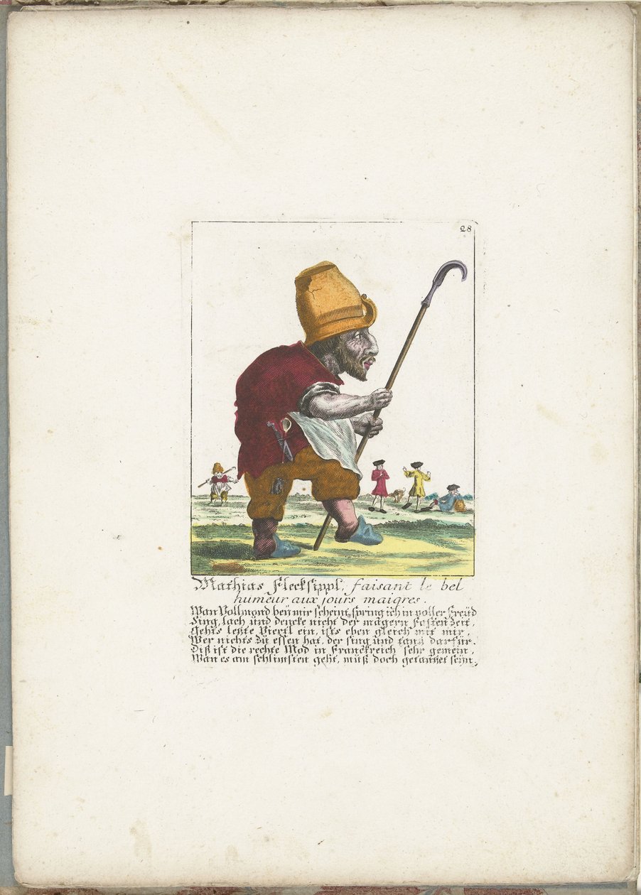 快乐的侏儒马蒂亚斯-弗莱克西普尔，约 1710 年
Mathias Flecksippl, faisant le bel humeur aux jours maigres（作品名称）
Il Callotto resurcitato oder Neu eingerichtes Zwerchen Cabinet（系列名称） 作者 马丁·恩格尔布雷希特（归因于）