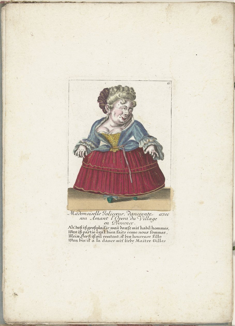 Dwerg als de Franse 乔利科尔小姐，约 1710 年
约里奥科尔小姐，与爱人共舞普罗旺斯乡村歌剧院（物品上的标题）
Il Callotto resurcitato oder Neu eingerichtes Zwerchen Cabinet（系列名称） 作者 马丁·恩格尔布雷希特（归因于）