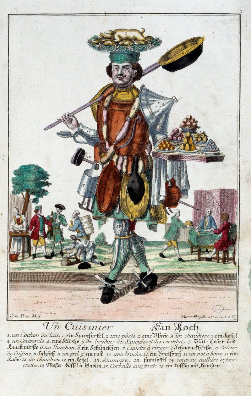 一个厨师。马丁-恩格尔布雷希特（1684-1756）的版画，载于18世纪德国的 "Manouvries habilles的新集会"。巴黎，装饰艺术 作者 马丁·恩格布雷希特