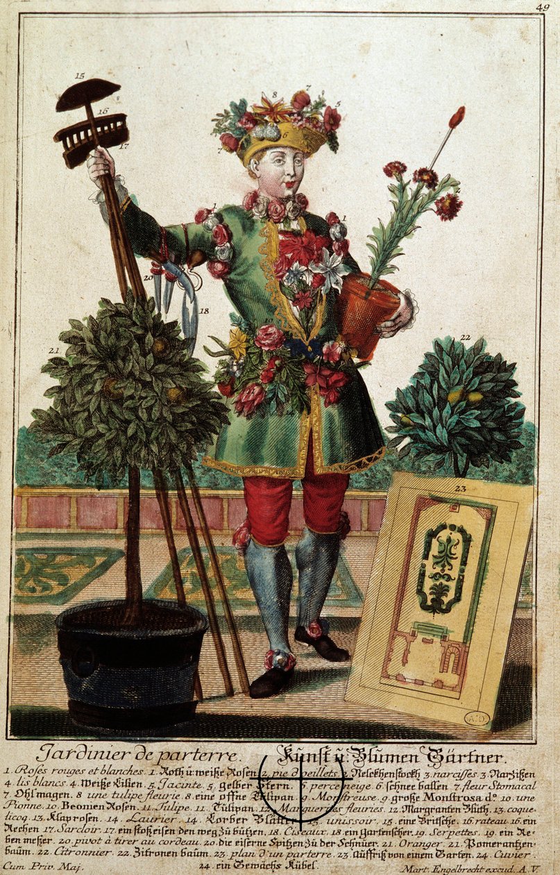 一个园丁。马丁-恩格尔布雷希特（1684-1756）的版画，载于18世纪德国的 "马努瓦里斯-哈比尔斯的新集会"。巴黎，装饰艺术 作者 马丁·恩格布雷希特