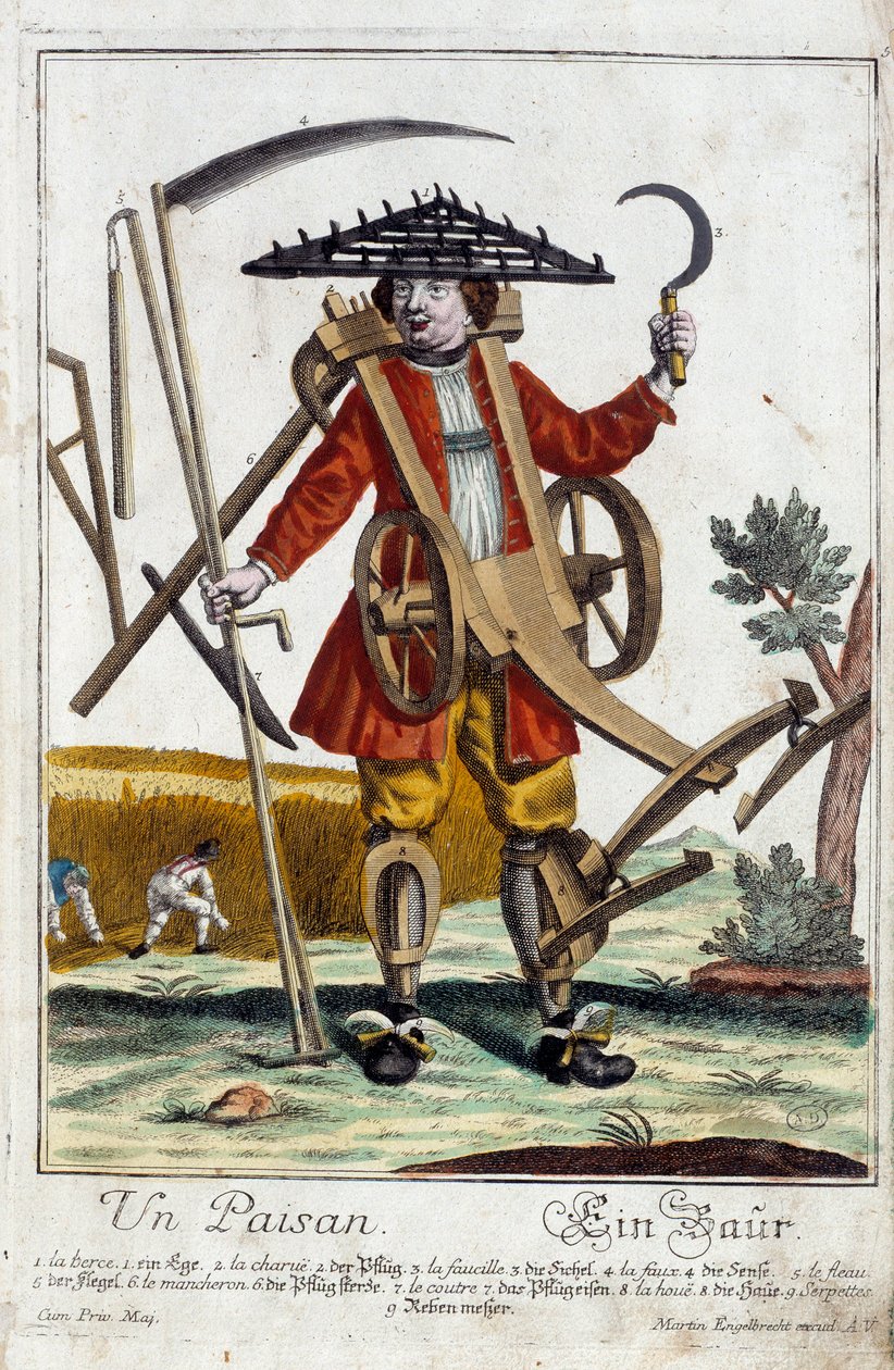 一个农民。马丁-恩格尔布雷希特（1684-1756）的版画，载于18世纪德国的 "马努瓦里-哈比尔斯的新集会"。巴黎，装饰艺术 作者 马丁·恩格布雷希特