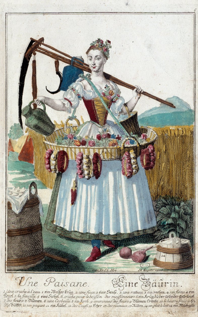 一个农妇。马丁-恩格尔布雷希特（1684-1756）的版画，载于18世纪德国的 "马努夫里-哈比尔斯的新集会"。巴黎，装饰艺术。 作者 马丁·恩格布雷希特