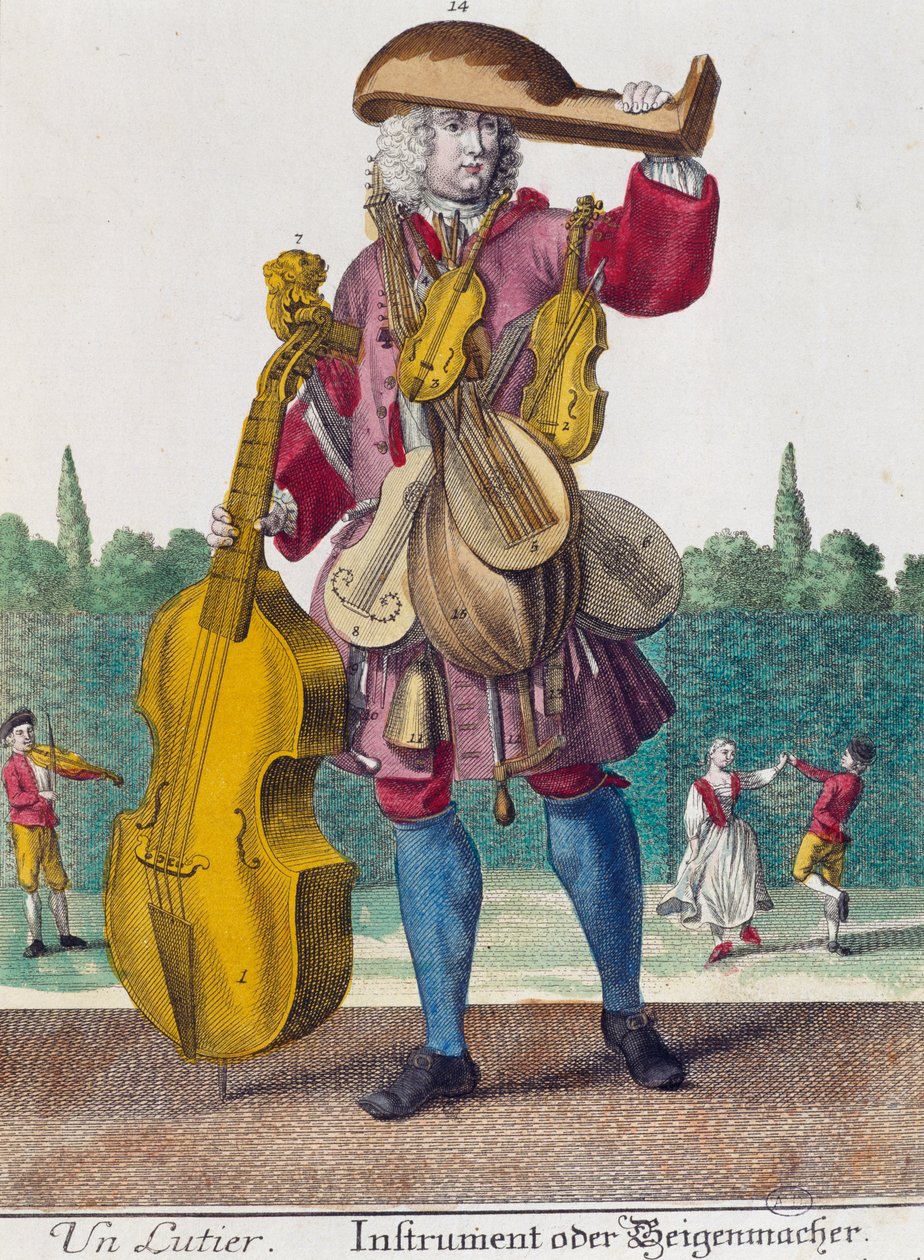 琵琶演奏者，雕刻自马丁-恩格尔布雷希特（1684-1756年）的Assemblage des nouveau manouvries habilles，德国。 作者 马丁·恩格布雷希特