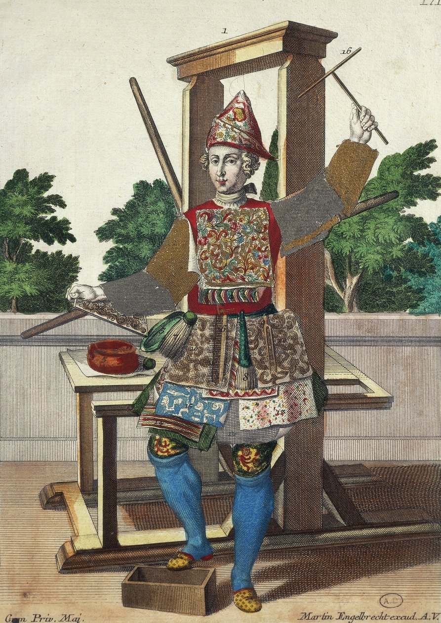 彩纸制造商，雕刻自Assemblage des nouveau manouvries habilles Martin Engelbrecht（1684-1756），德国 作者 马丁·恩格布雷希特