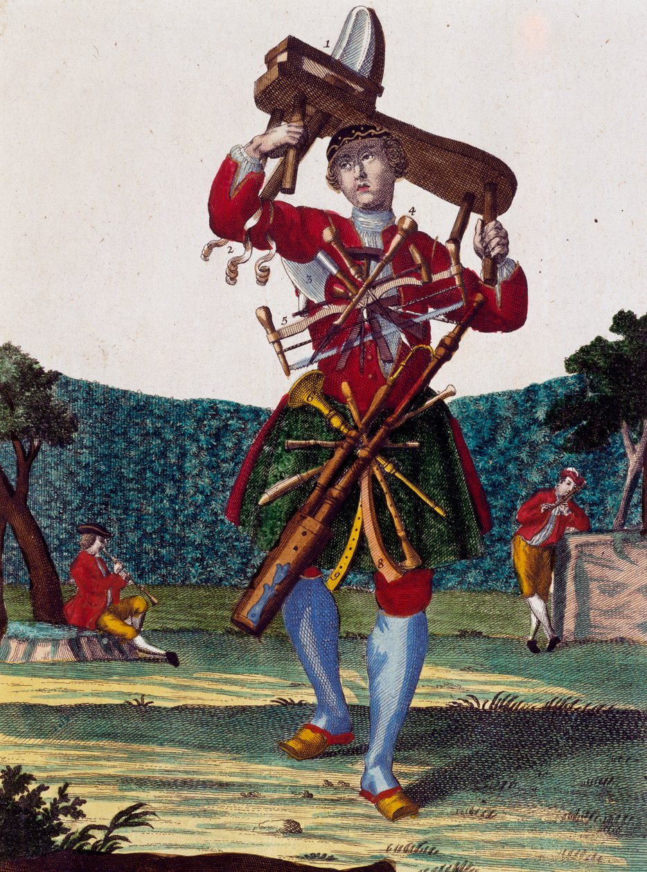 长笛制造商，雕刻自马丁-恩格尔布雷希特（1684-1756）的Assemblage des nouveau manouvries habilles，德国。 作者 马丁·恩格布雷希特