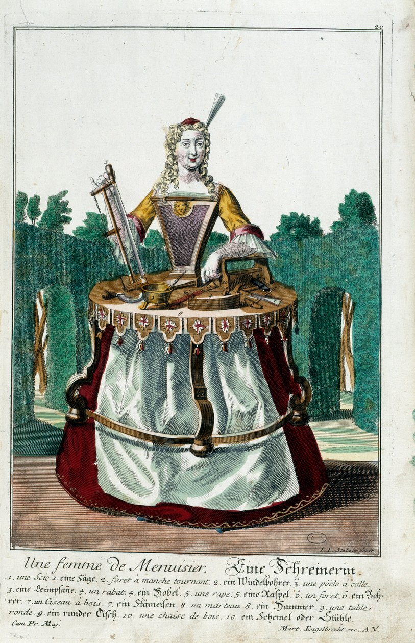 Metier：木匠的妻子。 由 Martin Engelbrecht (1684-1756) 雕刻，在““新的机动能力组装”中，18 世纪，德国。 巴黎，装饰艺术 作者 马丁·恩格布雷希特