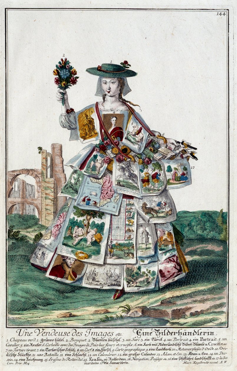 职务。一个形象的女销售员。马丁-恩格尔布雷希特（1684-1756）的版画，载于18世纪德国的 "马努瓦里-哈比尔斯的新集会"。巴黎，装饰艺术 作者 马丁·恩格布雷希特