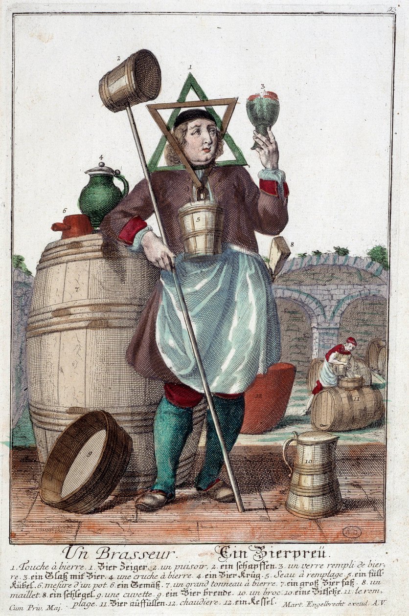Representation of a brewer with a fountain, a glass, a jug, a bucket, a barrel, a mallet, a bowl, a broc, a boiler. Engraving by Martin Engelbrecht (1684-1756) 作者 马丁·恩格布雷希特