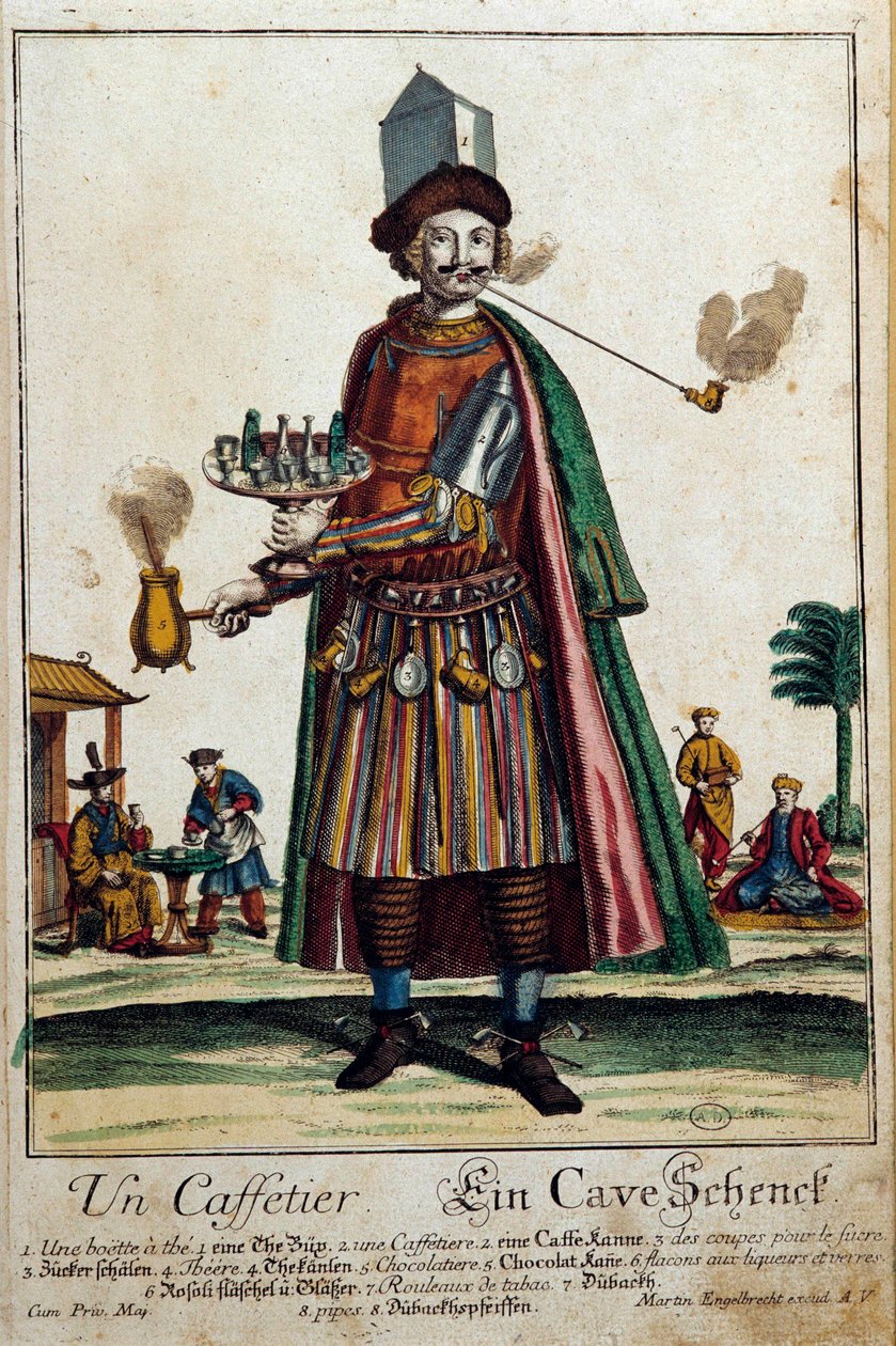 咖啡机：一个男人戴着咖啡机和一个服务。马丁-恩格尔布雷希特（1684-1756）的雕刻作品 18世纪巴黎，装饰艺术 作者 马丁·恩格布雷希特
