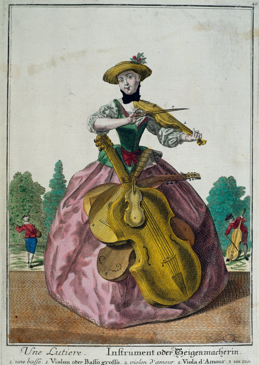 Une Lutiere, Lutist with viola, cello and violin, by Martin Engelbrecht (1684-1756), color print, France 作者 马丁·恩格布雷希特
