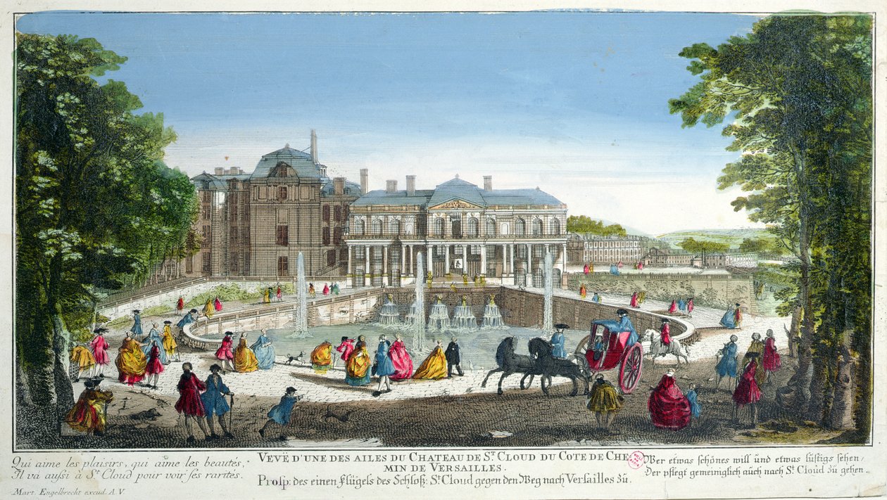 18世纪中叶凡尔赛宫附近的Chateau de Saint-Cloud（彩色雕刻） 作者 马丁·恩格布雷希特