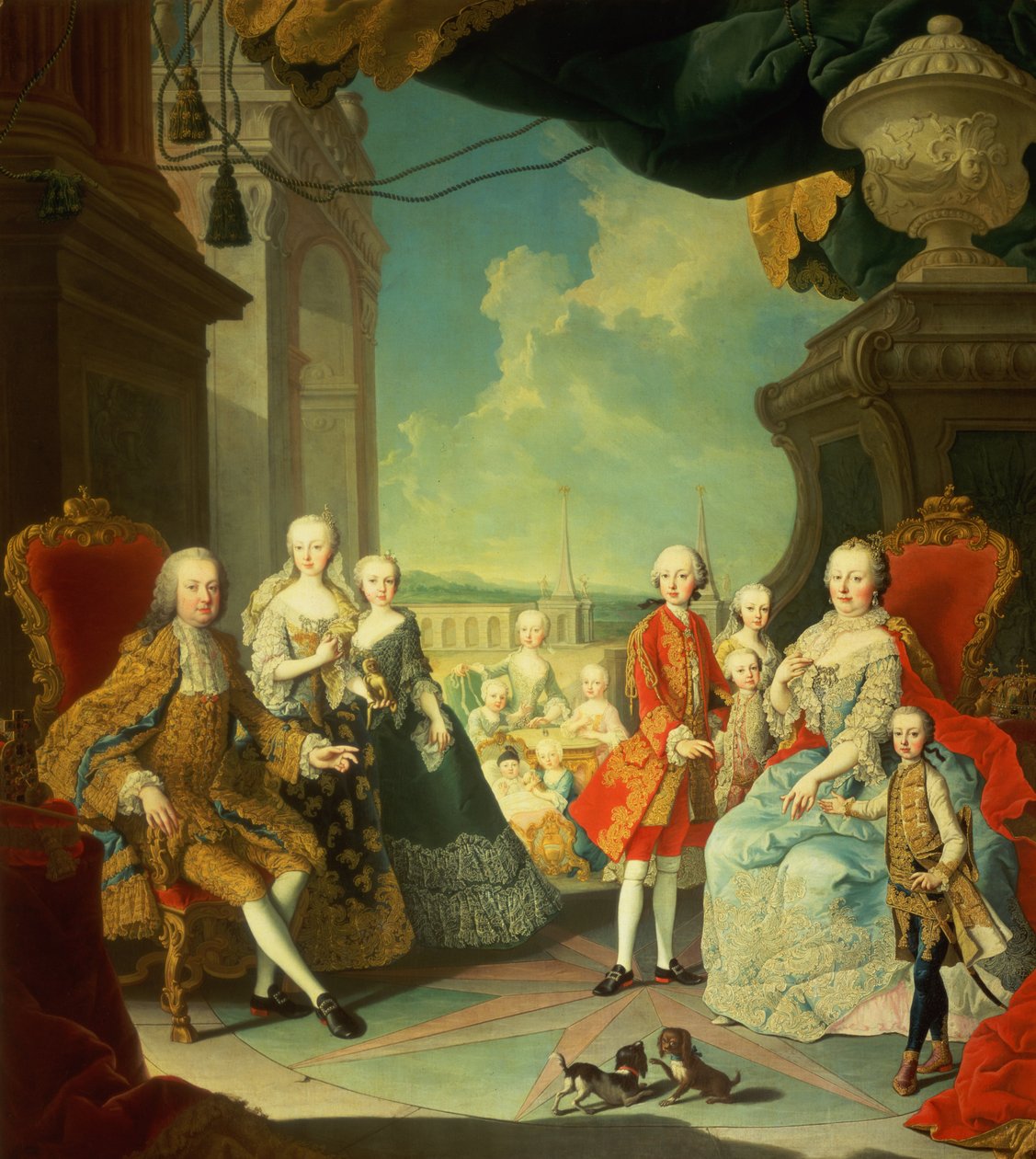 玛丽亚·特蕾莎和她的丈夫在Schloss Schloss大厅的楼梯上进入大庭院，他们的孩子是Joseph II，Karl，Leopold II，Ferdinand，Mariana，Elizabet 作者 马丁二世Mytens或Meytens