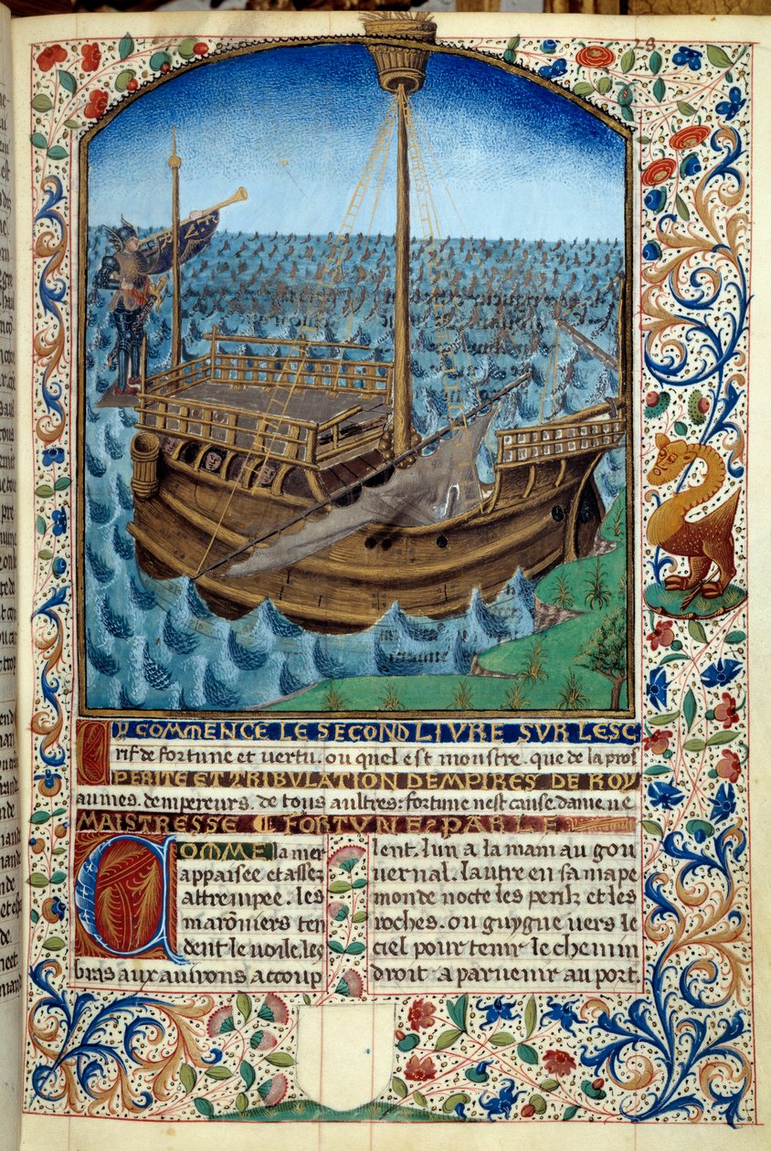 海上船舶的表现 - Martin Le Franc (1410-1461) 1447-1448 - 巴黎 BN - 海上船舶 - 手稿“财富与美德的精神”手稿的微型画“财富与美德的精神” Martin Le Franc (1410-1461) 作者 马丁·法兰克