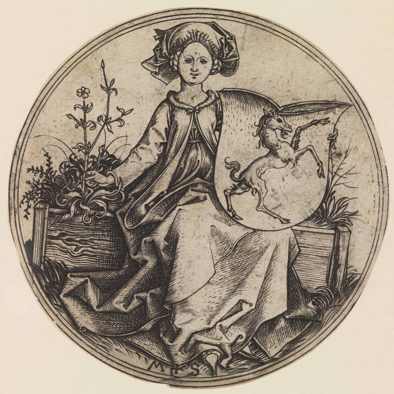 Seated Lady Holding a Shield with an Unicorn, 约1435-1491., 约1435-1491. 作者 马丁·尚高