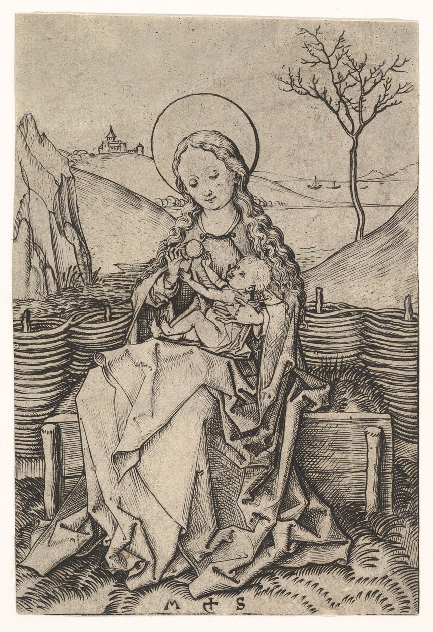 处女和孩子在长椅上，ca。 1435-1491。 作者 马丁·尚高