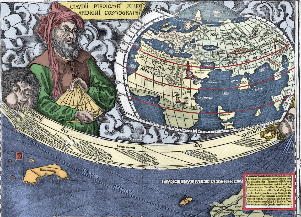 托勒密 (Claudius Ptolemaeus 90-168) - Claudius Ptolemy in “” Waldseemuller map or Universalis Cosmographia - (Universal Csmography) - Waldseemuller Planisphere” - 1507 - 作者 马丁·沃尔德西缪勒