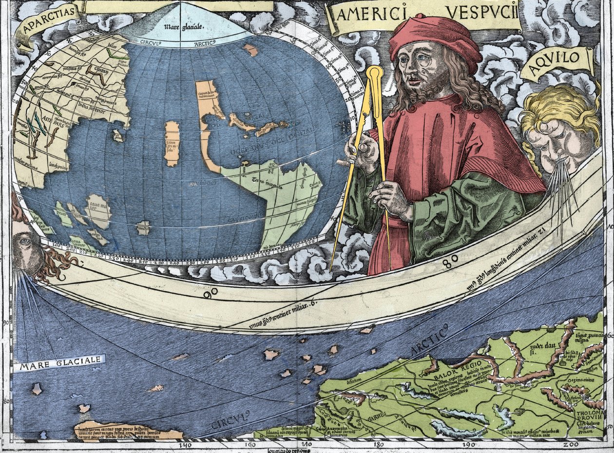 VESPUCCI, Amerigo (1454-1512)。 “Waldseemuller map or Universalis Cosmographia - (Universal Csmography) - Waldseemuller Planisphere”中的意大利探险家和制图” - 1507 - 作者 马丁·沃尔德西缪勒