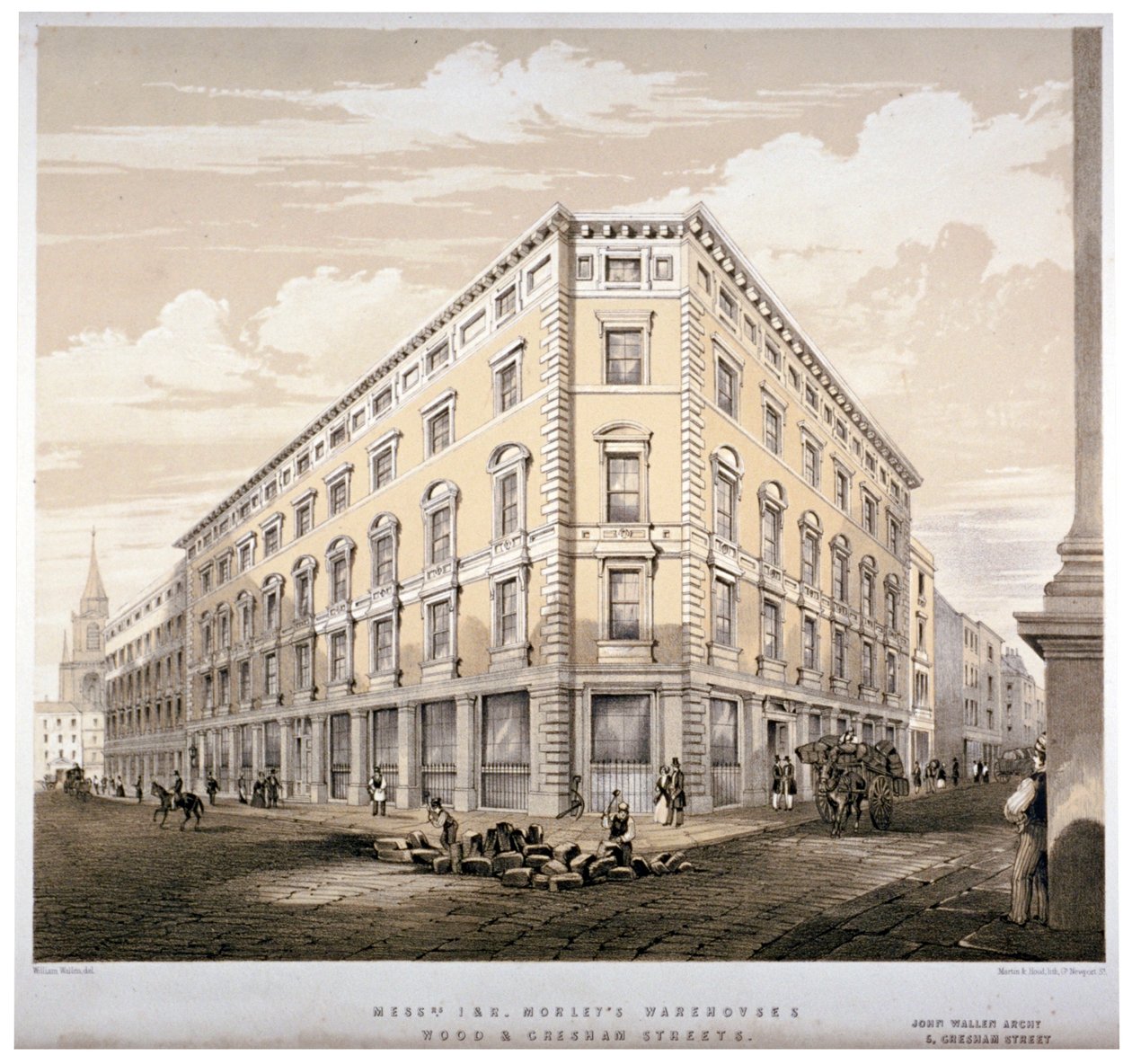 Messrs J&R Morley的仓库，位于伦敦Wood街和Gresham街的拐角处，约1840年。     作者 马丁和胡德