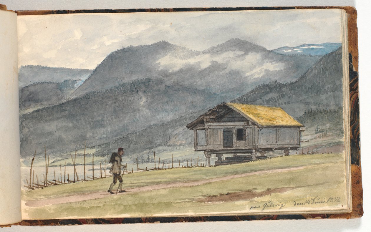 有小木屋和徒步旅行者的山景 作者 马蒂努斯·罗比（MartinusRørbye）