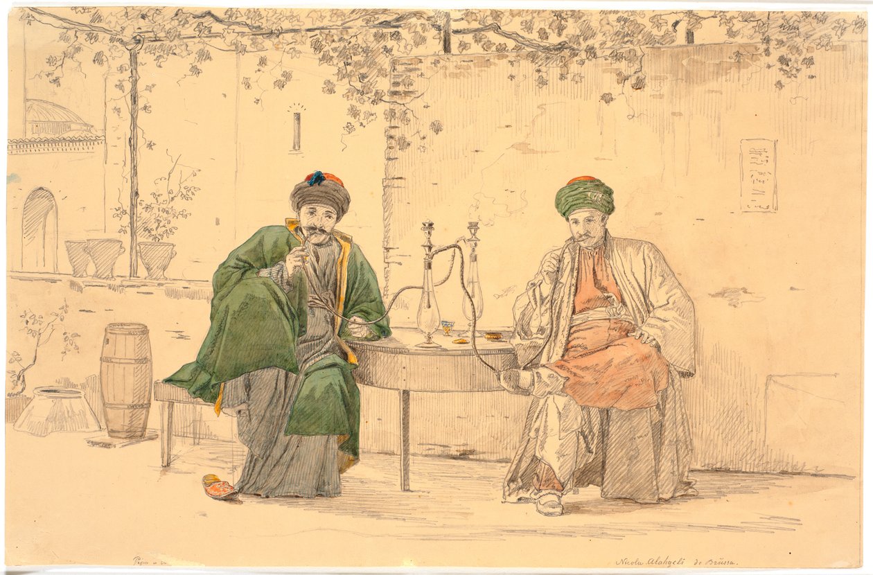 两名土耳其人在雅典尼古拉咖啡馆外吸烟 作者 马蒂努斯·罗比（MartinusRørbye）